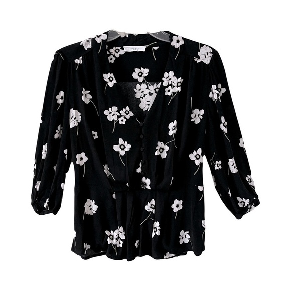 Elodie | Black Floral Cherry Blossom Peplum V-Neck Blouse, Medium - Picture 1 of 6